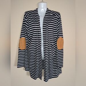 Black/White Striped Tunic Length Cardigan With Faux Suede Patches